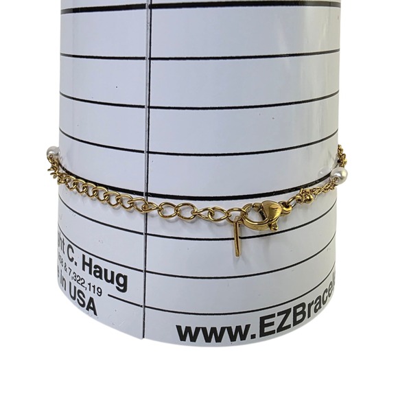 Gold Tone Pink Heart Charm Pearl Beaded Double Strand Bracelet Jewelry‎ - Picture 5 of 5